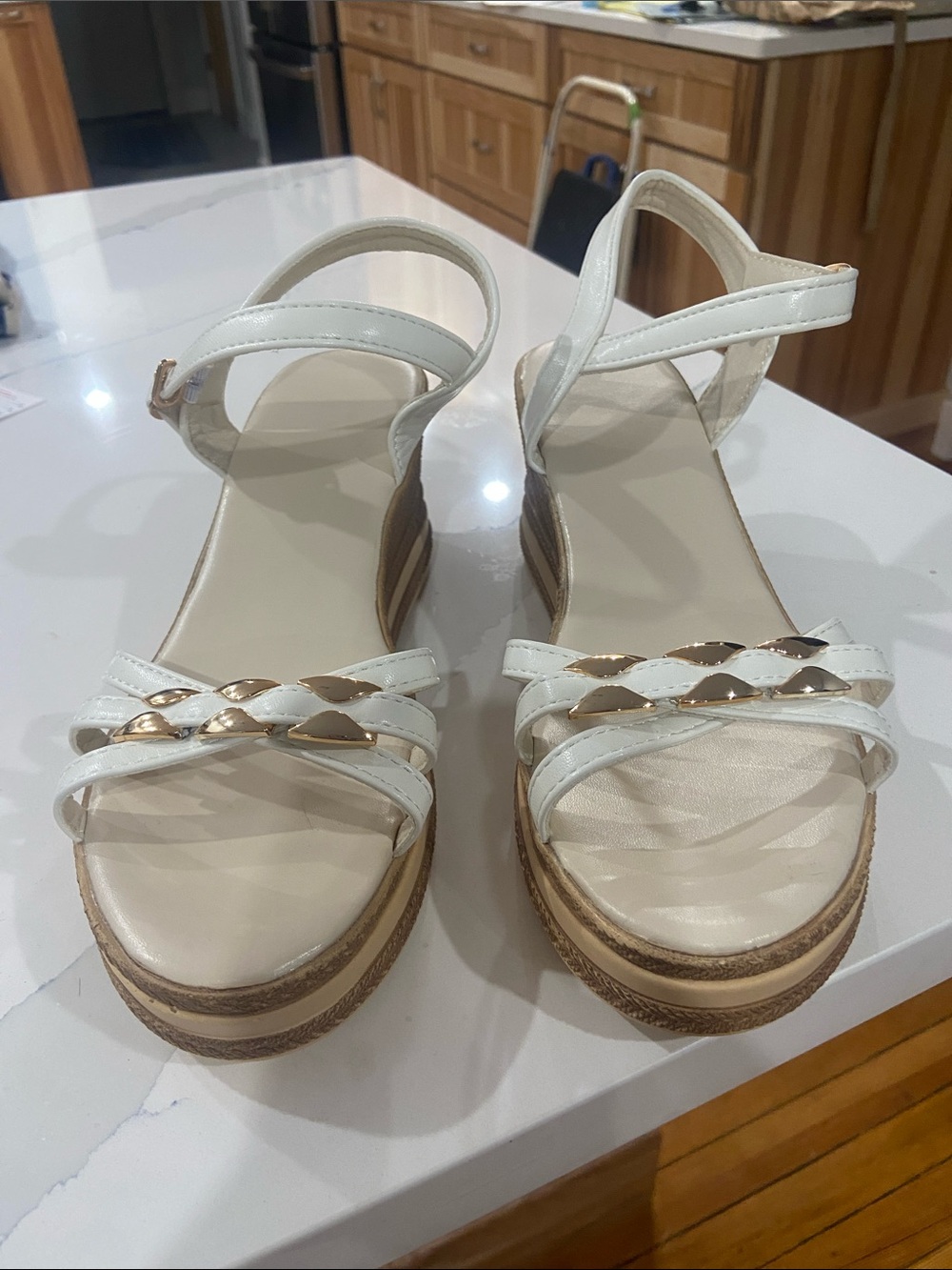 Women's White Wedge Sandals with Gold Chain Detail